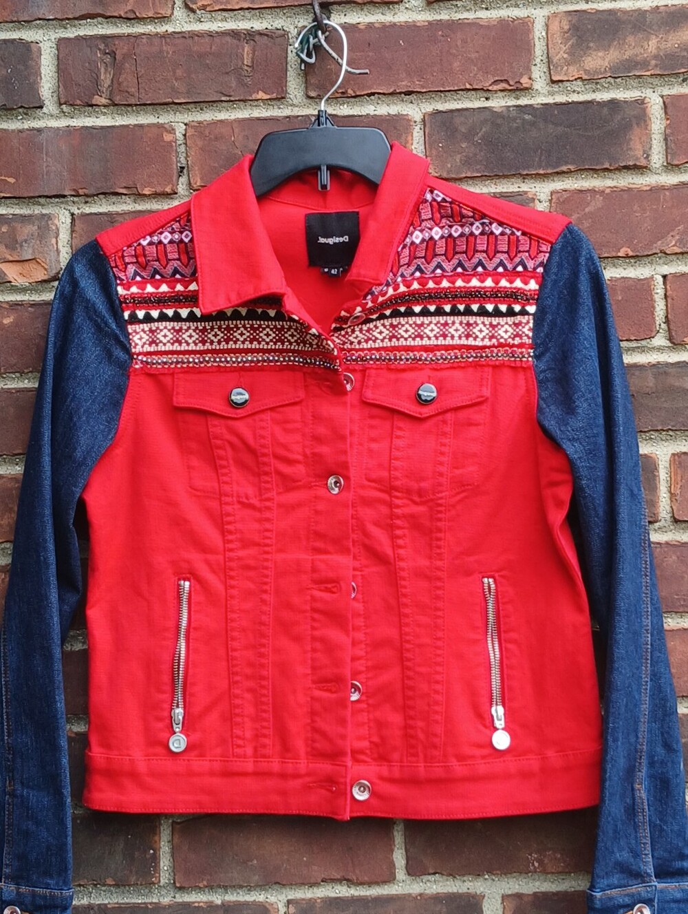 Women's Size 42 Red And Blue Jean Statement Desigual Jacket